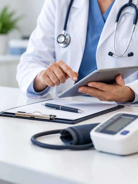 A clinician reviewing notes on a tablet across the desk from a patient
